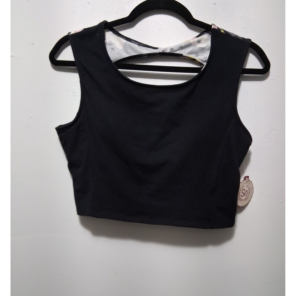 SO Authentic Black Floral Cutout Back Crop Top XL Workout Built In Bra NWT